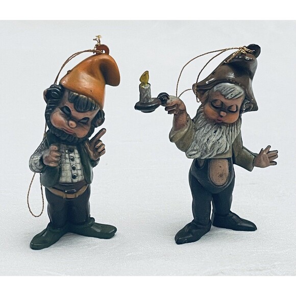 2 Macau Elf Gnomes Christmas Ornaments Pixie  3”tall Vintage - Picture 1 of 13